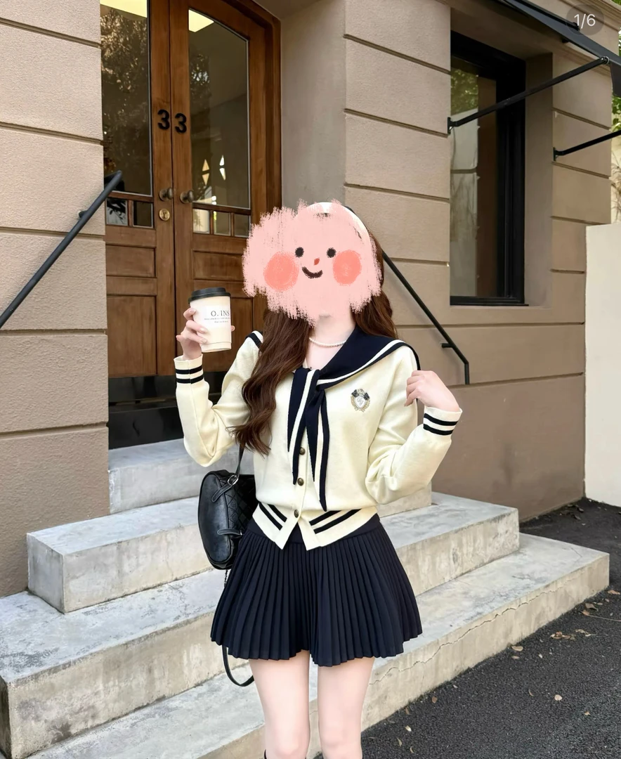 秋冬新款学院风海军领披肩针织衫秋季百搭高腰百褶裙两件套女