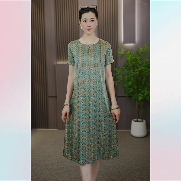 夏季新款竹烟波月休闲时尚优雅气质百搭减龄宽松大码高级感连衣裙