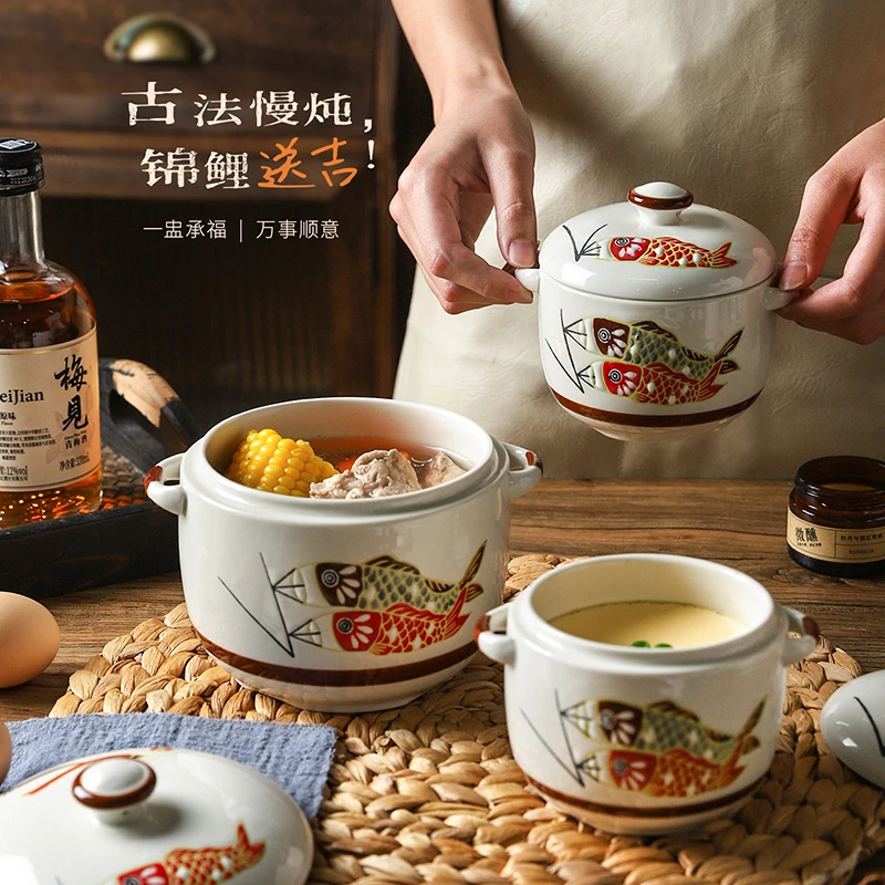 舍里陶瓷炖盅家用隔水炖排骨汤养生汤创意釉下彩燕窝盅双耳煲汤盅