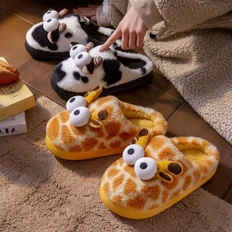 可爱长颈鹿亲子棉拖鞋冬季儿童居家外穿防滑保暖情侣厚底棉拖鞋