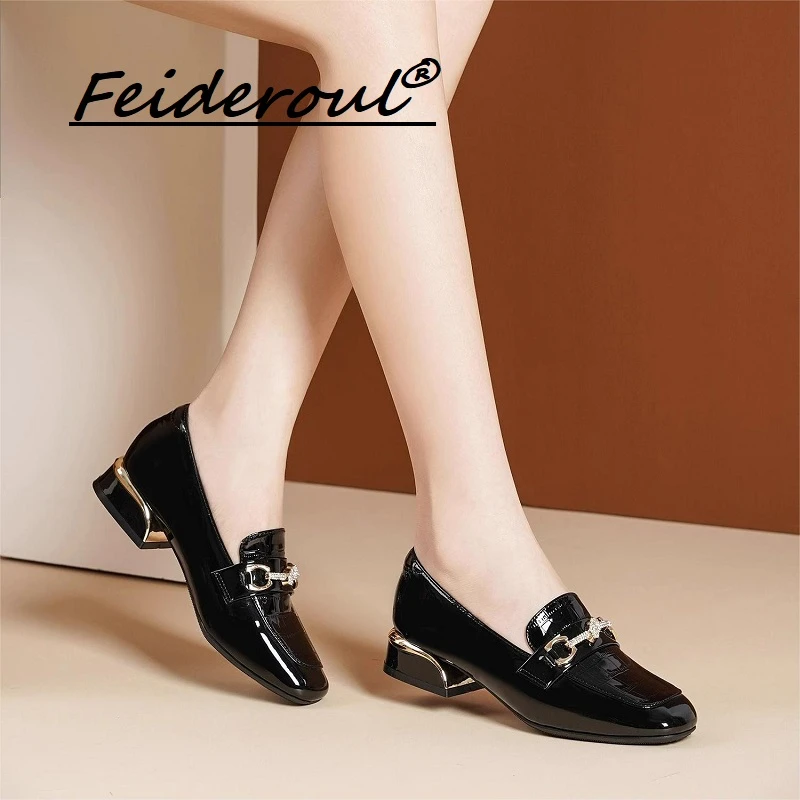 Feideroul2025新款女鞋中跟漆皮单鞋亮皮乐福鞋时尚百搭