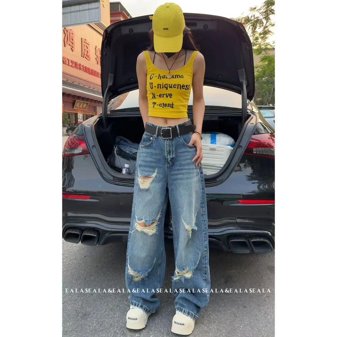 EZ8923-夏季新款大牌蓝破洞设计高级感无弹水洗直筒堆堆裤