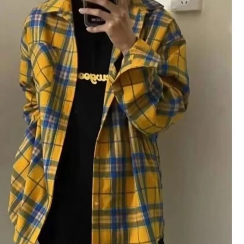 复古经典美式黄格休闲衬衫宽松长袖外套新品口袋格子网红衬衣
