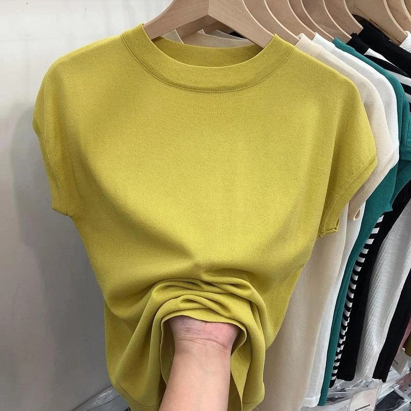 欧货冰丝针织衫上衣女2025夏短袖圆领宽松曲珠薄款透气半截袖恤