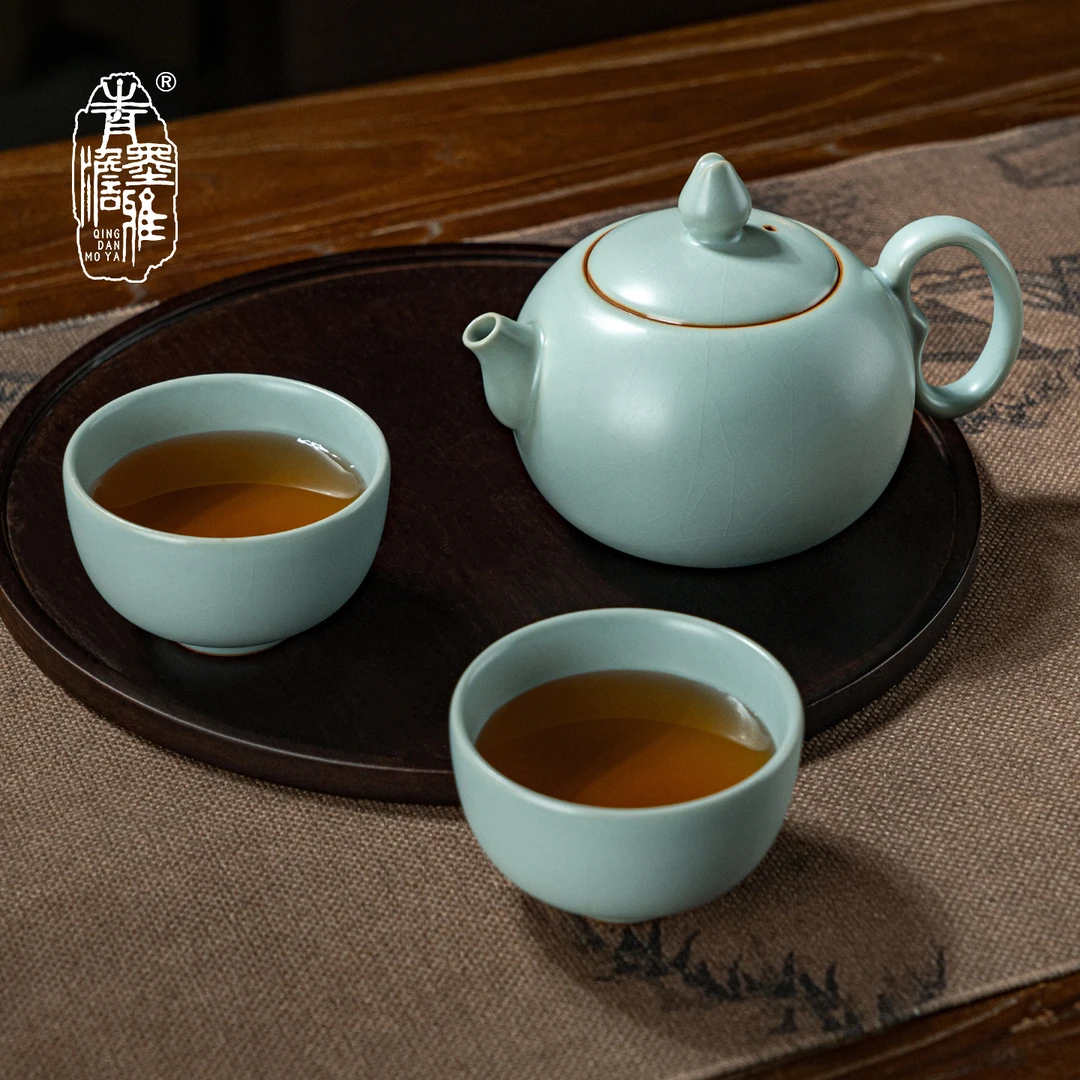 青澹墨雅汝窑玉珠茶组复古茶壶茶杯套装青瓷景德镇陶瓷开片可养