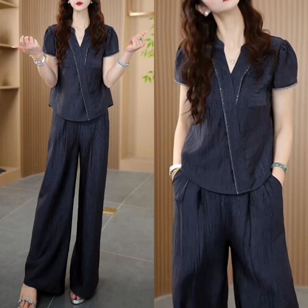 7017夏季新款时尚显瘦减龄上衣裤子套装