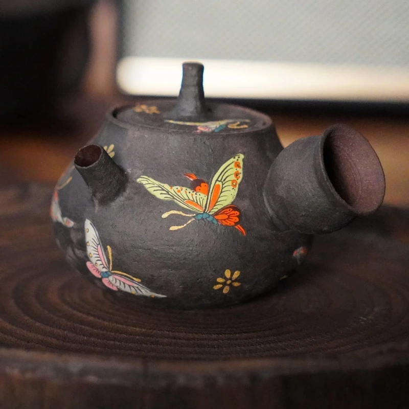 【遗镌新铸·贰章】紫砂泥-岩矿-全手描金百蝶侧把壶-150cc