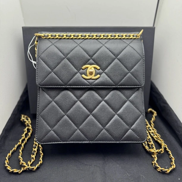 95新 Chanel/香奈儿 臻选23a黑金荔枝牛菱格纹双肩包