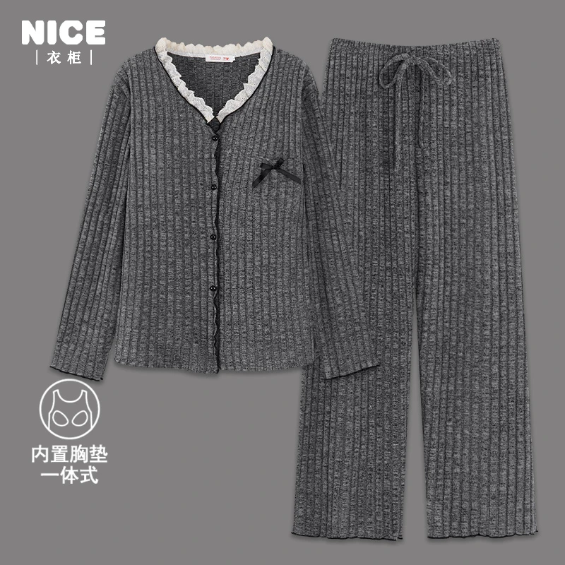 带胸垫磨毛睡衣女春秋款棉质长袖可外穿家居服套装秋冬季2025新款