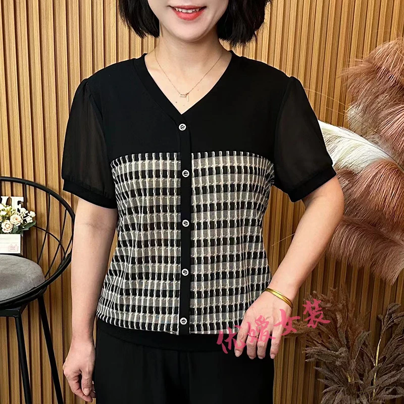妈妈装夏季新款V领拼接格子宽松显瘦透气中老年女装短袖上衣A6613