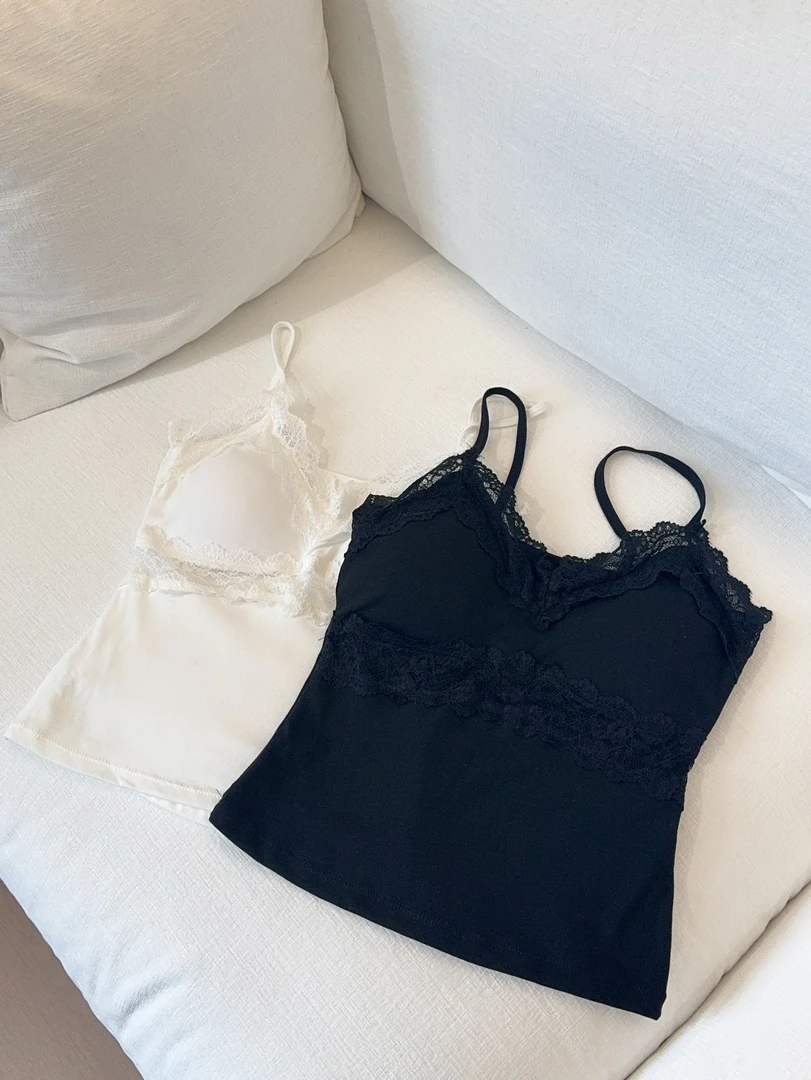纯欲蕾丝v领拼接吊带背心女带胸垫性感内搭无袖高密丝滑打底上衣