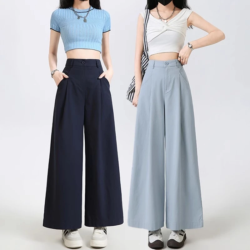 藏青色九分阔腿裤女夏季薄款2025新款高腰宽松慵懒风直筒西装裤子