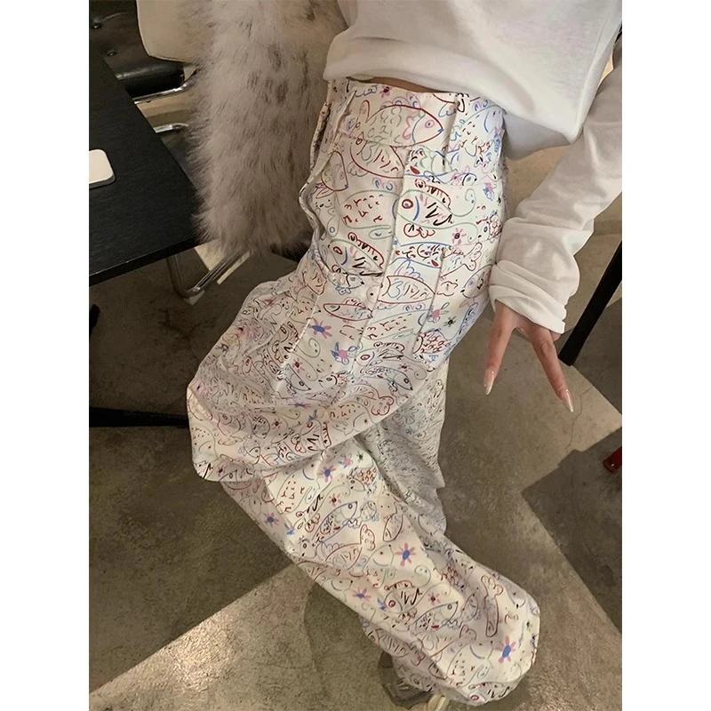 春夏甜酷高腰直筒阔腿裤小鱼涂鸦印花牛仔长裤女宽松休闲裤