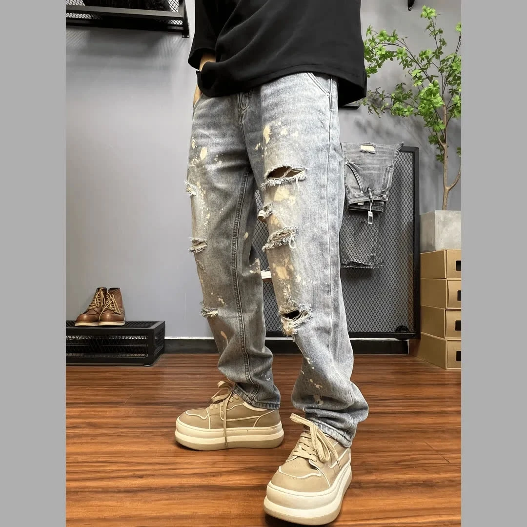 美式复古宽松直筒破洞乞丐牛仔裤男潮流痞帅泼墨高街水洗直筒长裤