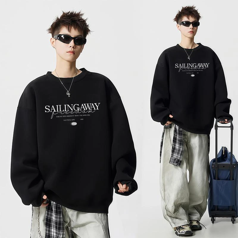 重磅复古美式新款冬季圆领套头加绒加厚卫衣男学生宽松潮流韩版