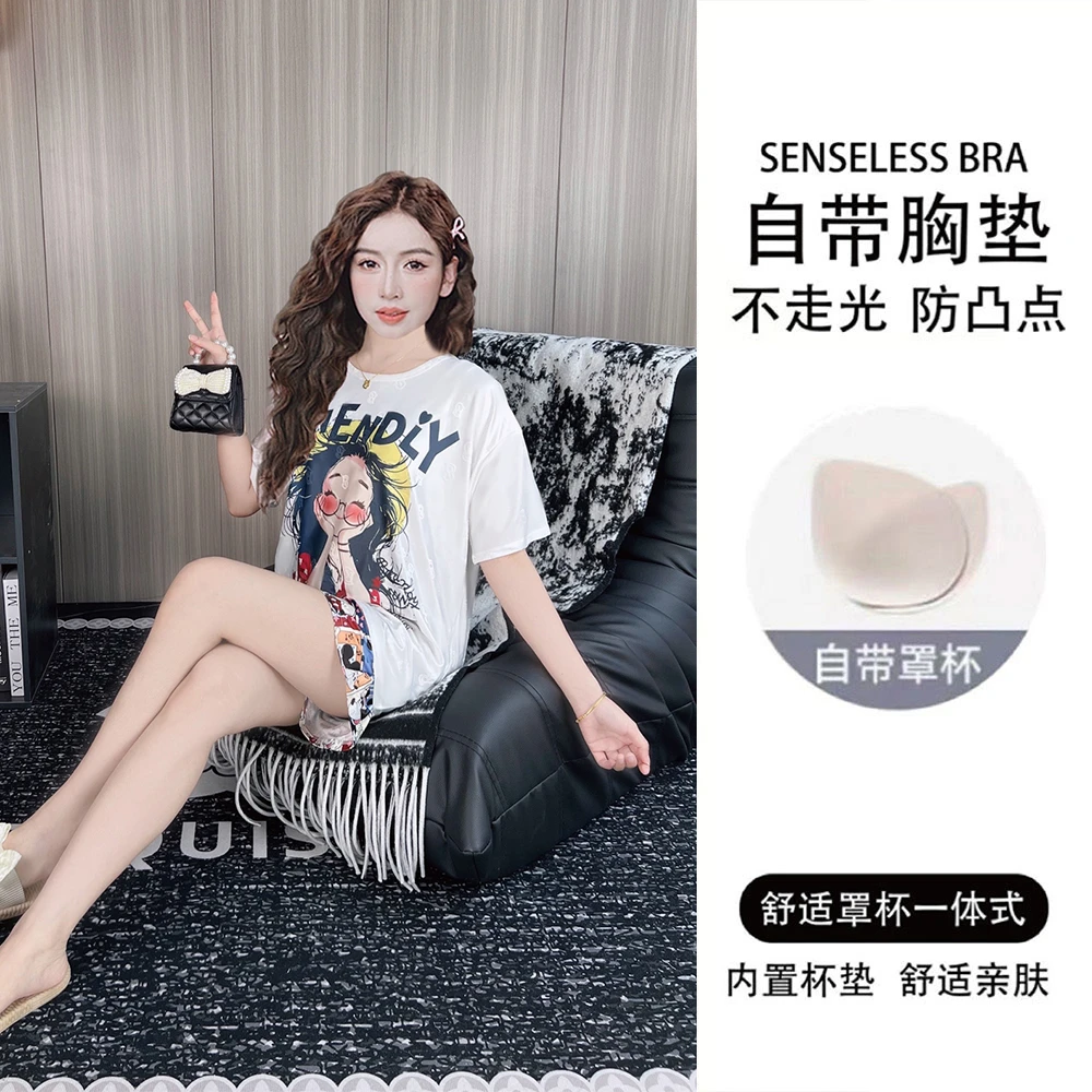 带胸垫夏季提花冰丝睡衣女短袖薄款三件套宽松卡通家居服套装夏天