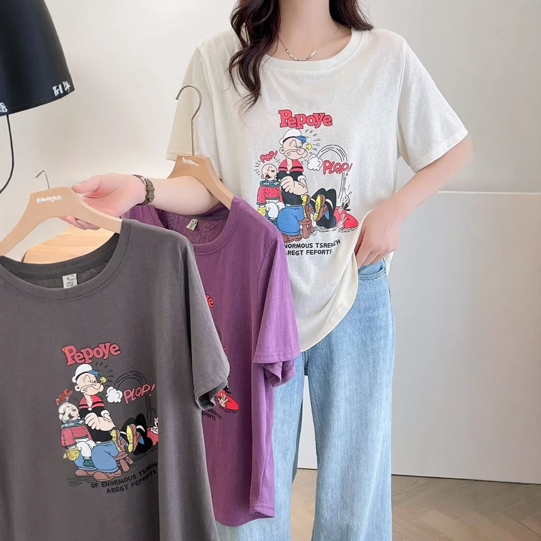 AX9615动漫卡通印花休闲圆领T恤衫大码女装常规款套头短袖上衣夏