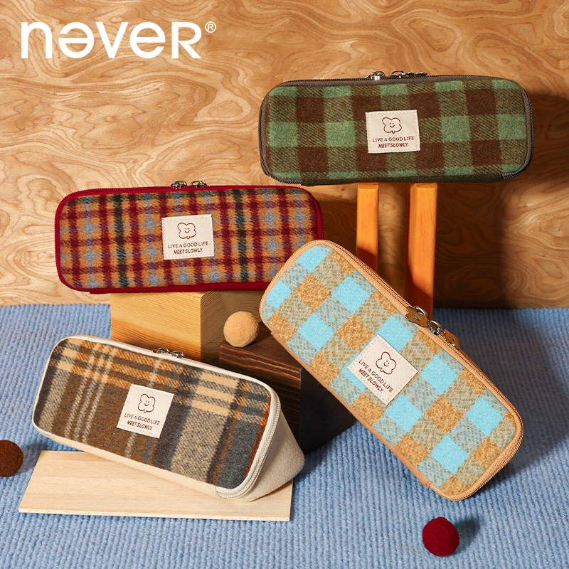 NEVER格子屋笔袋 大容量学院风耐脏美式复古高颜值收纳袋学生文具