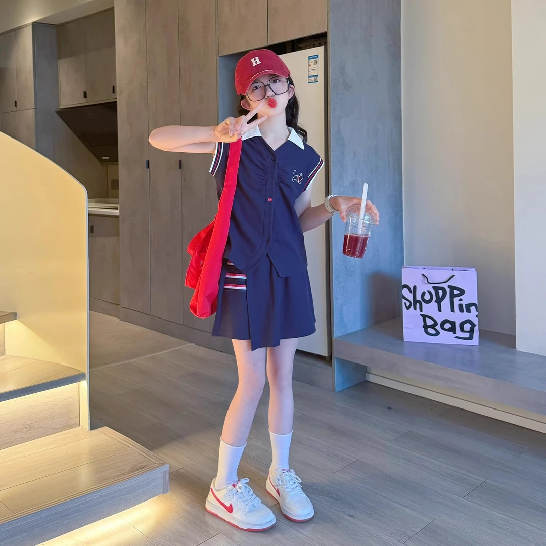 女童夏季套装2025新款大童韩系学院风polo领无袖上衣夏装儿童裙子