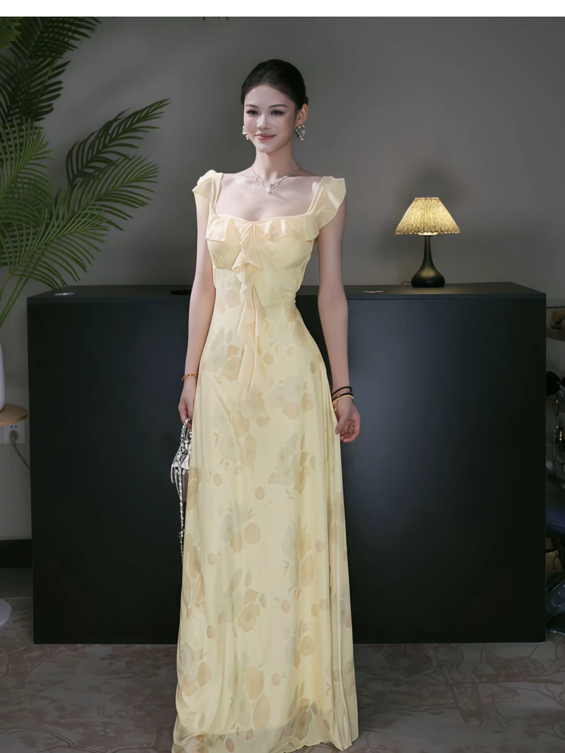 【运补6-8米】法式温柔仙女长裙度假奶油风黄色碎花连衣裙收腰裙子