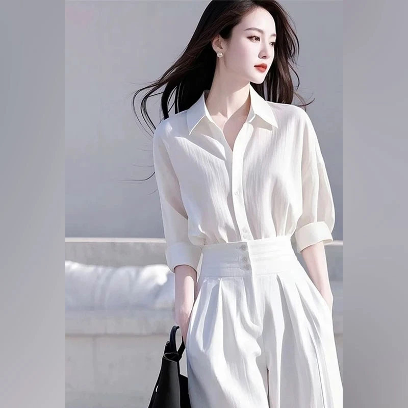 御姐风气质套装女时尚潮流大方polo领长袖衬衫高腰遮胯显瘦阔腿裤