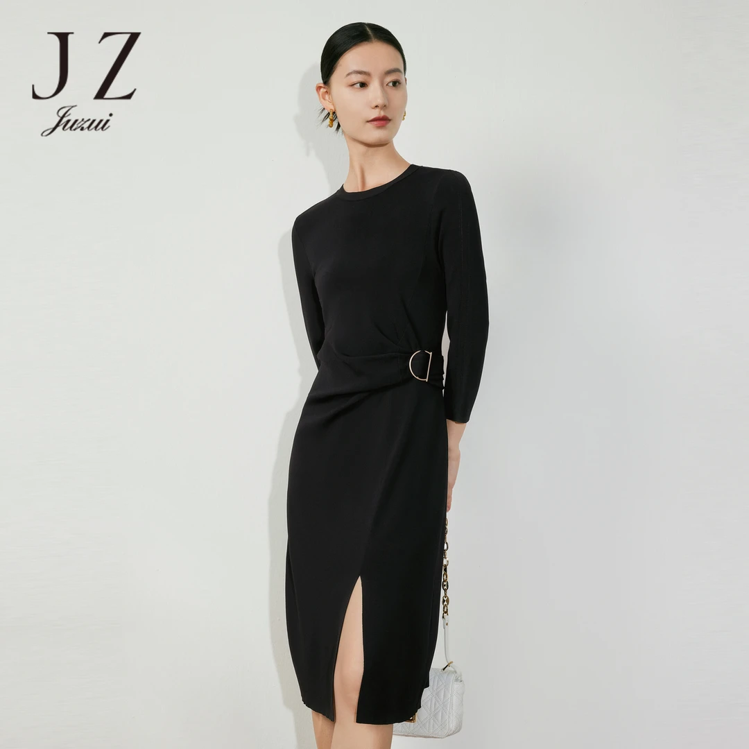 【小余专属】JZ-JTDC31404毛衫针织连衣裙春季收腰显瘦开衩小黑裙