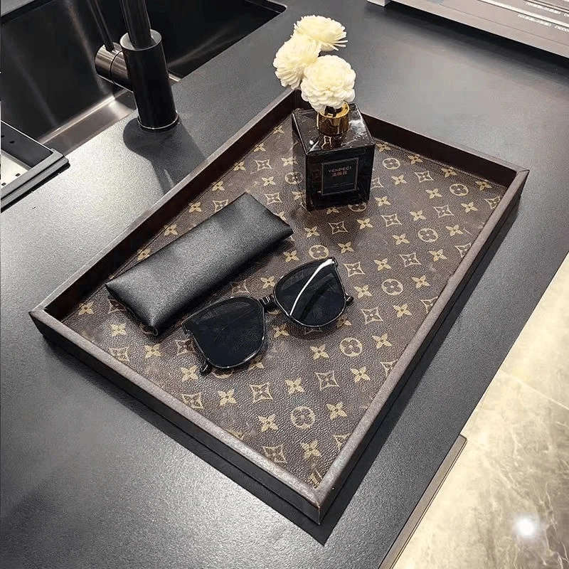 高档胡桃木色复古玄关衣柜桌面收纳盒酒杯茶盘托盘长方形收纳盒