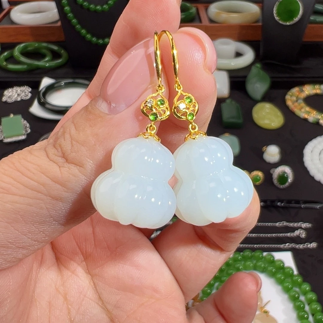 和田玉18K金镶嵌耳饰老料白玉立体饱满南瓜葫芦耳坠