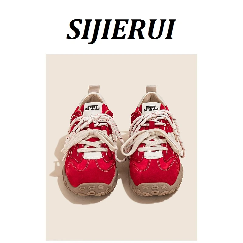 SIJIERUI厚底复古红色德训鞋女2025年新款真皮百搭休闲运动阿甘鞋