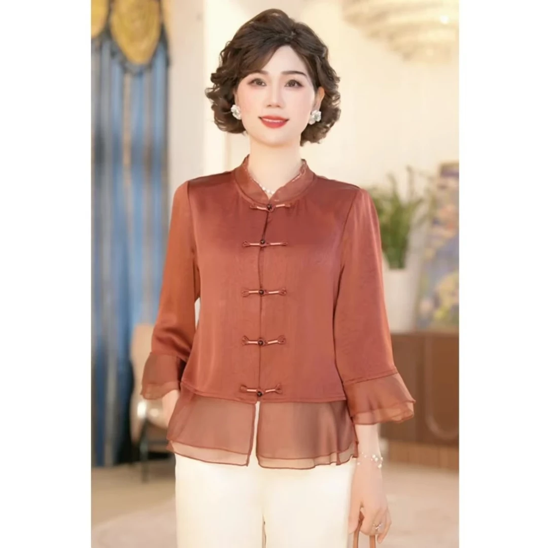 2025新款妈妈装夏季新国风七分袖T恤衬衫洋气中老年女装气质小衫