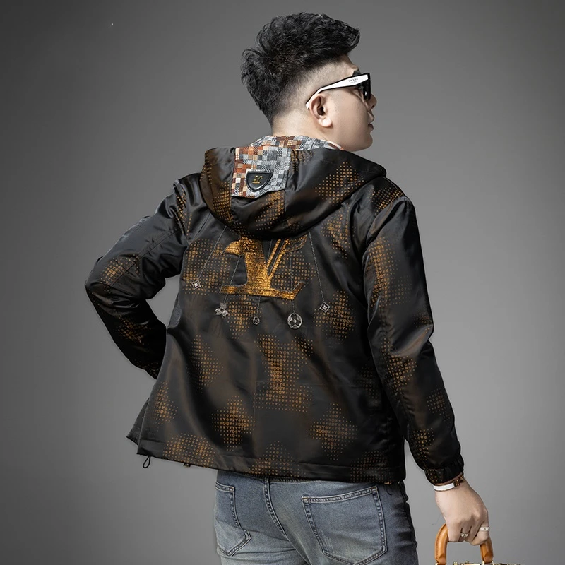 男士高端春秋时尚连帽外套2025新款轻奢提花刺绣夹克男装休闲上衣
