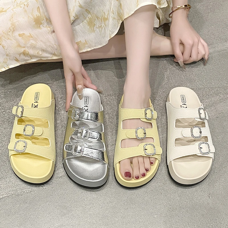 三排扣小个子厚底拖鞋增高网红时尚沙滩鞋一字拖cs水钻夏季