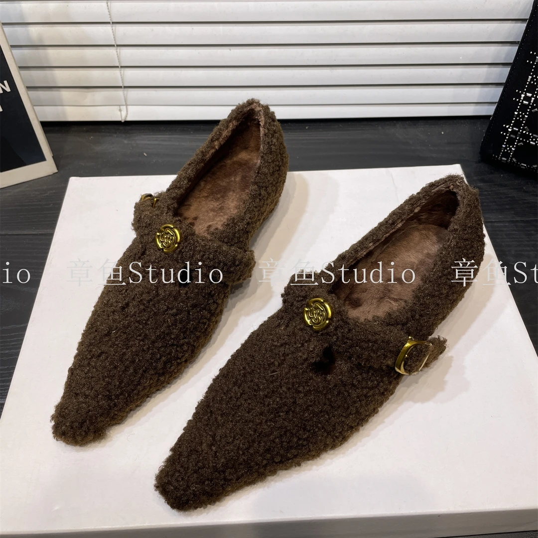 加绒保暖毛毛鞋棉鞋法式复古尖头浅口单鞋一脚蹬平底玛丽珍鞋