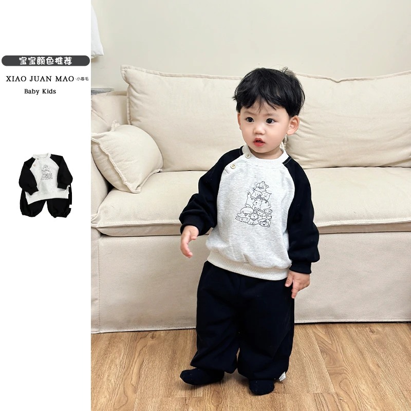 T25C78春秋新款洋气百搭休闲时尚男宝女宝时髦拼色袖子两件套装