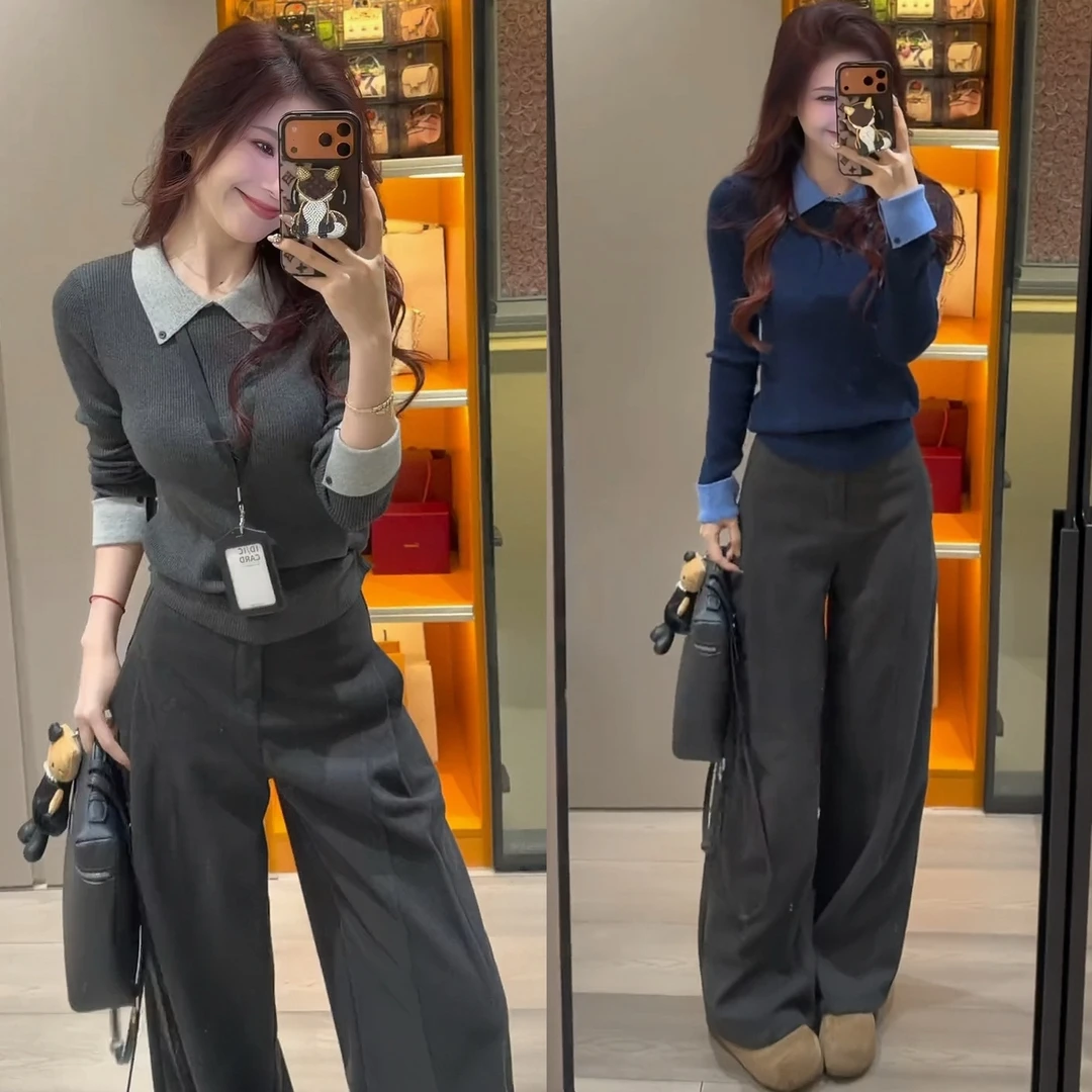 入秋一整套女装复古假两件针织衫打底毛衣显瘦百搭阔腿裤气质套装