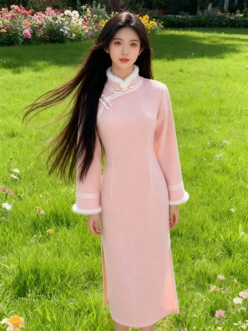 【步步莲花】日常可穿加绒加厚粉色旗袍改良气质年轻款新中式连衣裙