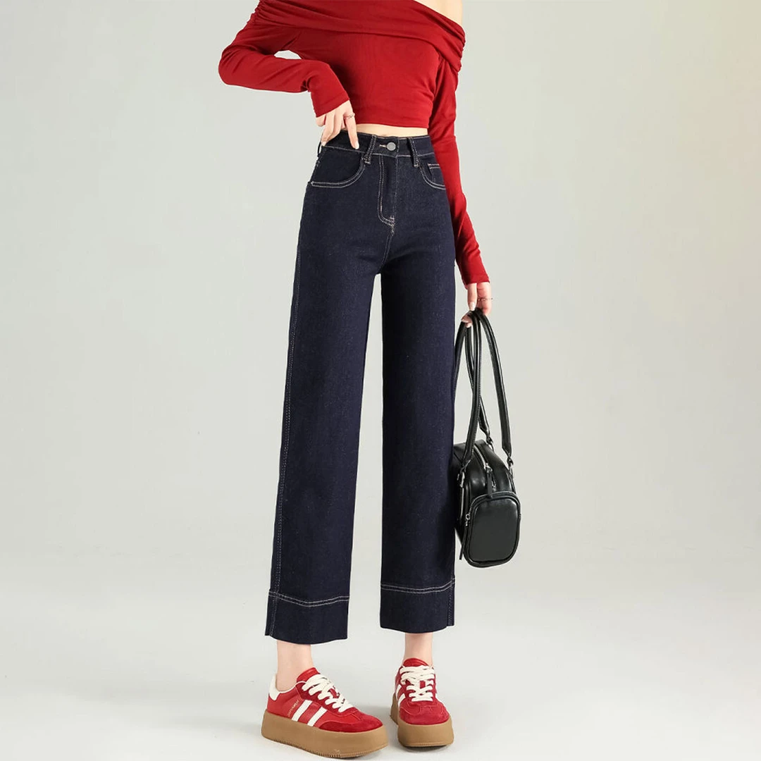 大码冬季深蓝色加绒遮肉显瘦女牛仔裤梨形身材高腰宽松九分直筒裤