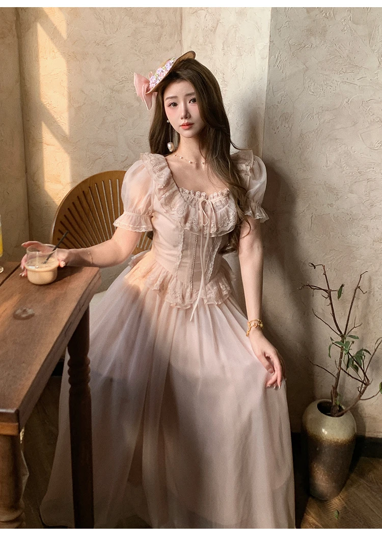 冰冰来了【粉霞微醺】法式少女重工蕾丝公主风泡泡袖连衣裙27131