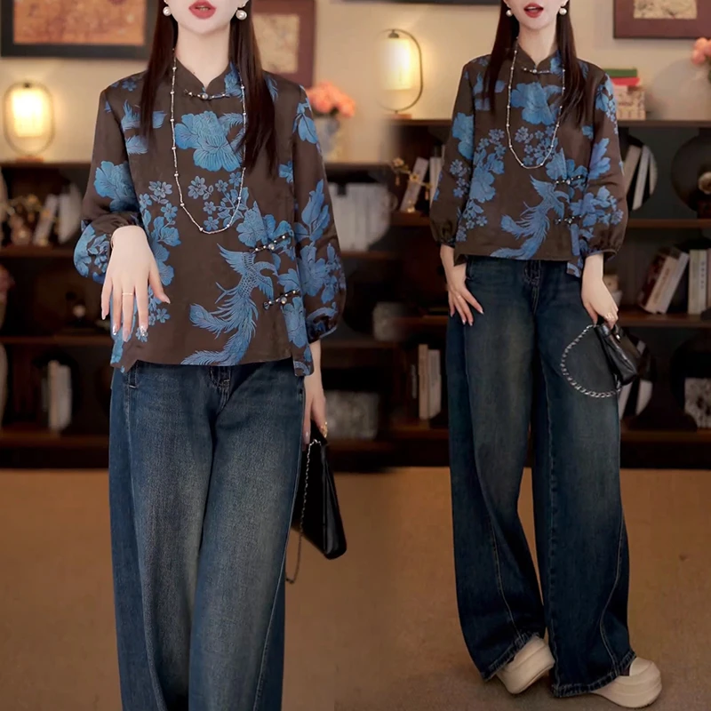 2026年早秋新款韩版时尚套装女宽松显瘦衬衫配显瘦牛仔裤两件套潮