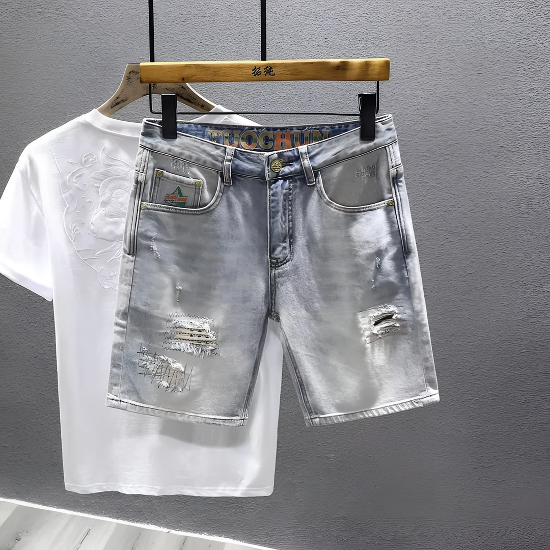 Cebrodz2025夏季新款破洞牛仔短裤男时尚潮流痞帅休闲裤破烂中裤