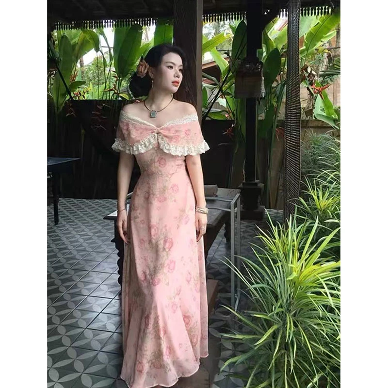 法式复古一字肩显瘦连衣裙女新款气质碎花长裙别致裙子231#