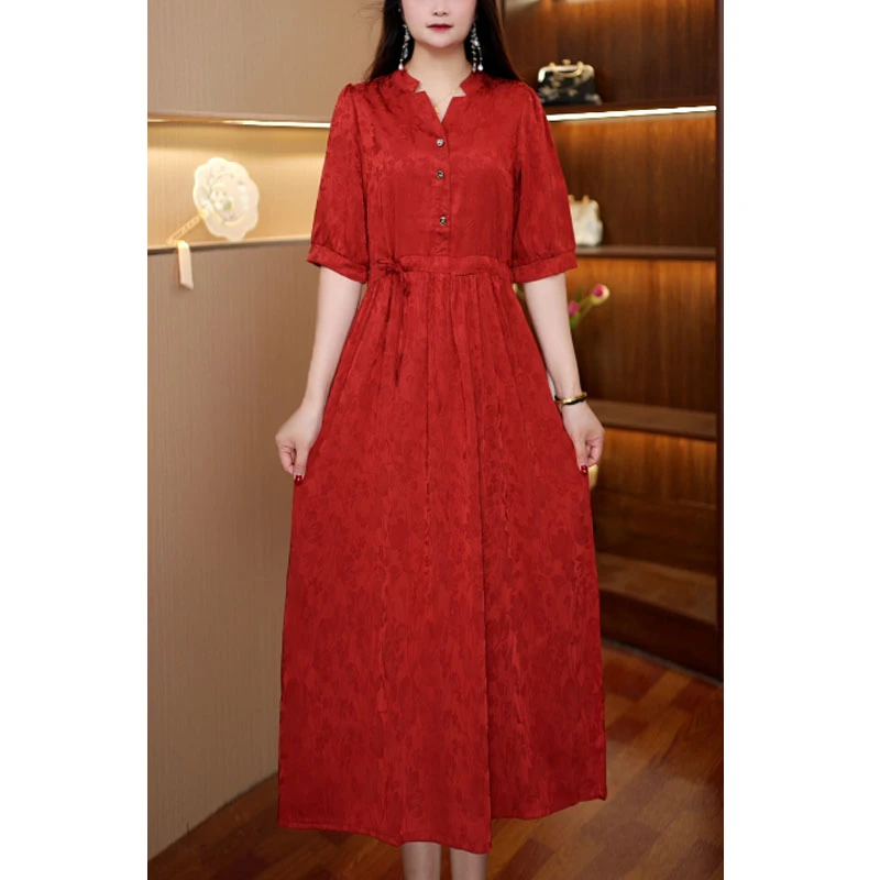 [剪刀领红花]新款百搭显瘦连衣裙女中长款478