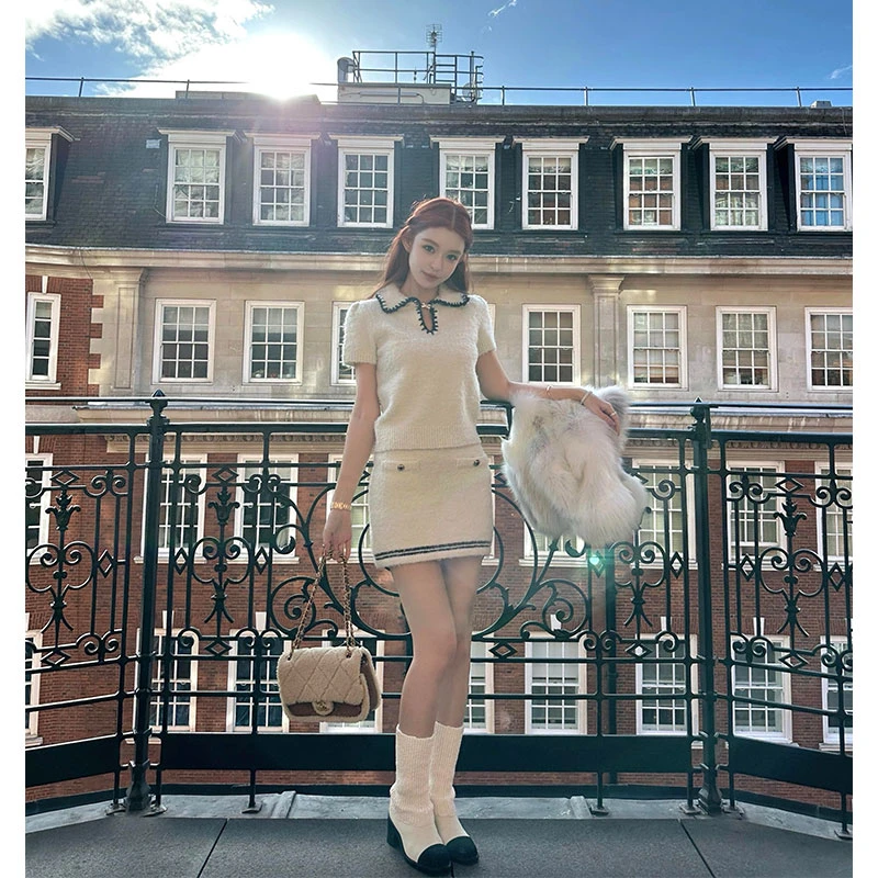 2025秋冬新款chic网红同款减龄少女感翻领针织短袖上衣+高腰半裙