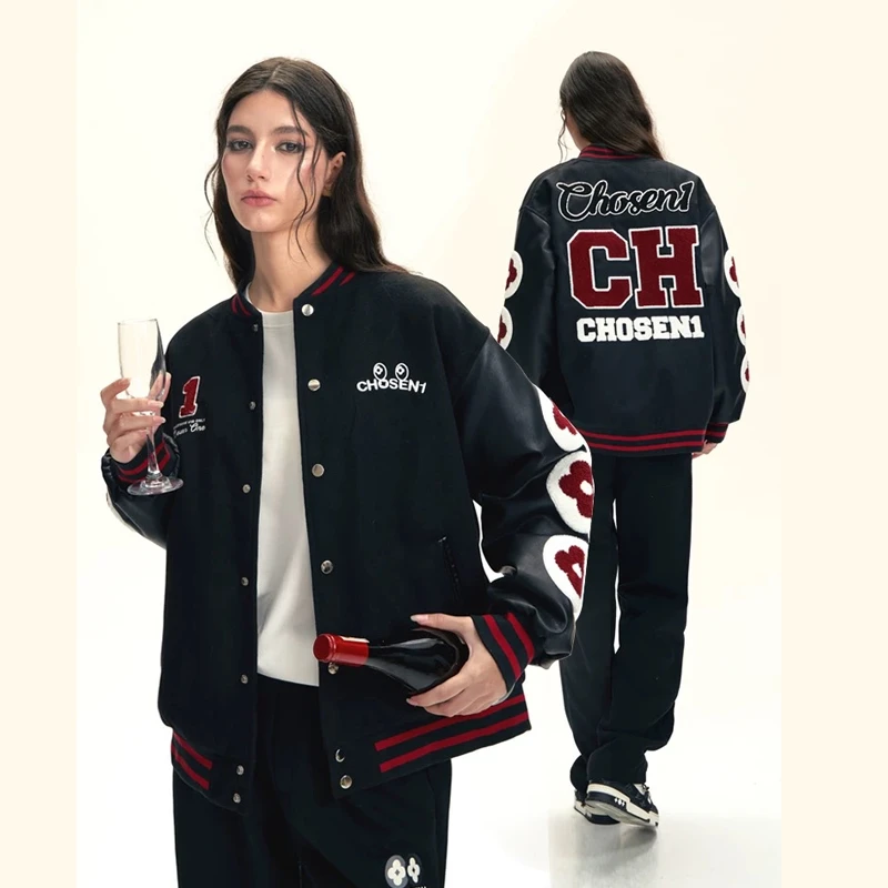 【棒球服】MBD小恶魔笑脸PU皮拼接夹克外套男女宽松潮牌