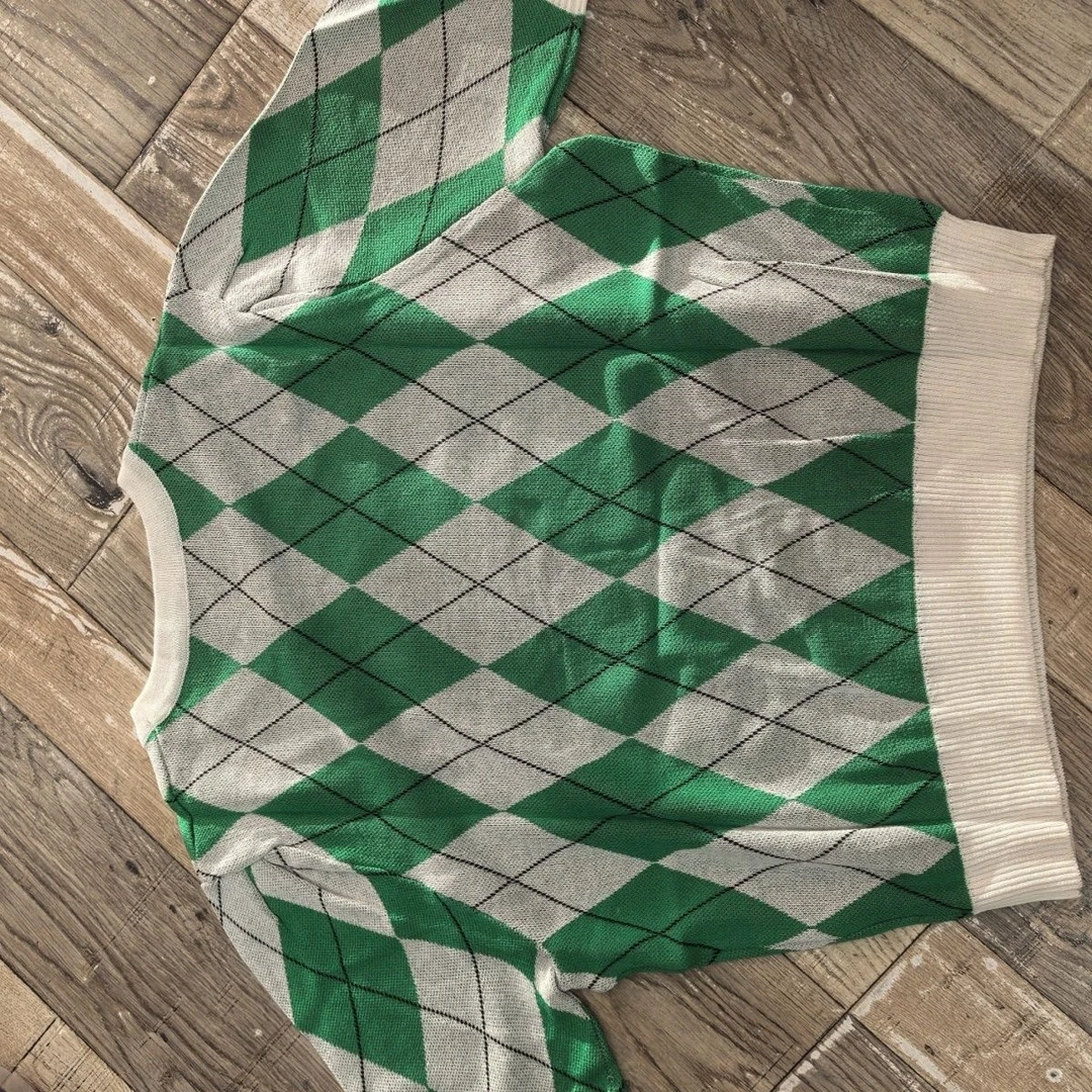 【菱形格圆领短袖】新款韩版针织衫A109