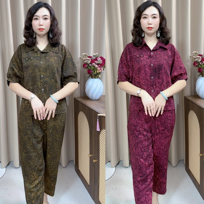 时尚翻领遮肉显瘦夏季新款气质短袖中年减龄宽松洋气妈妈装两件套