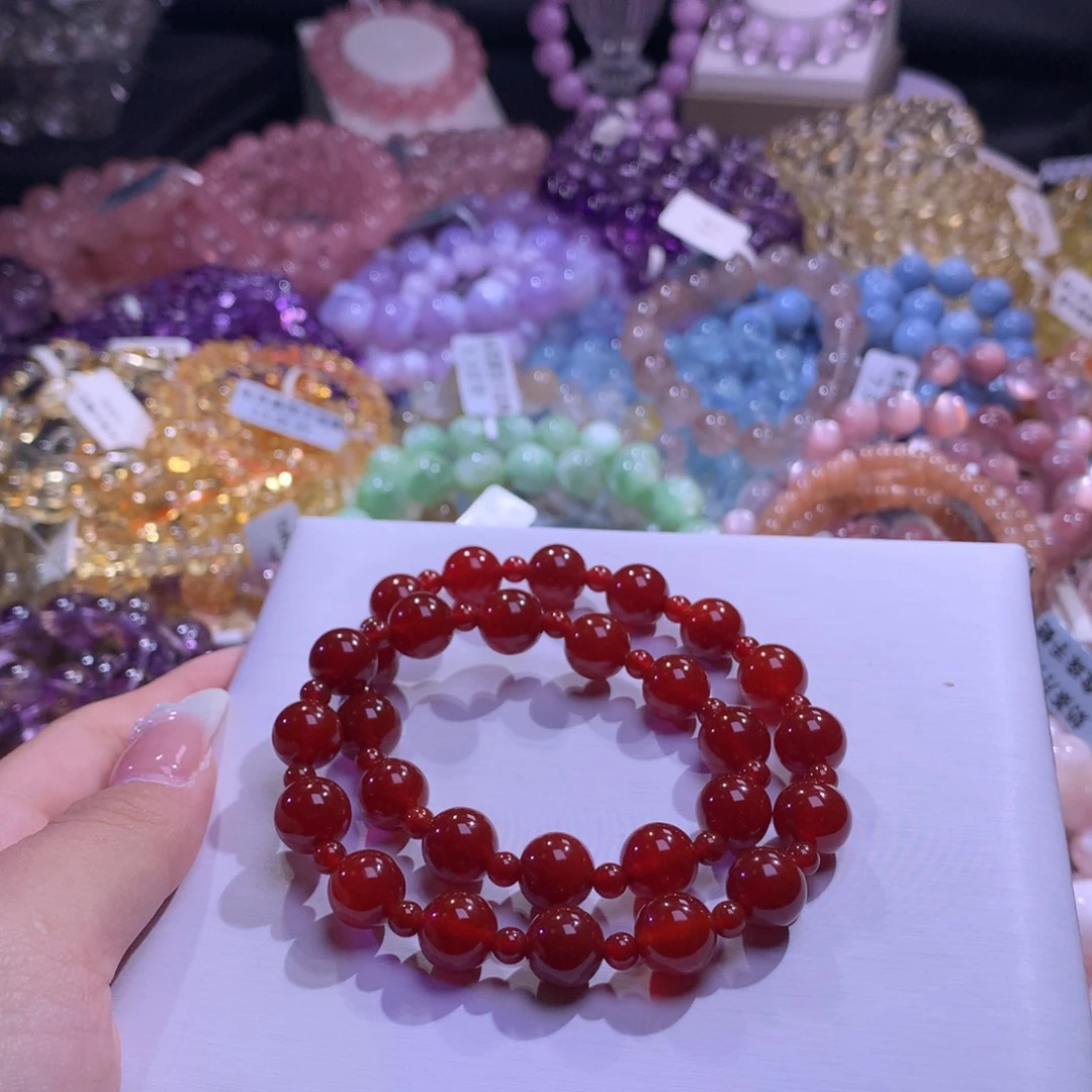 银S925镶嵌手串水晶红玛瑙双圈10m+