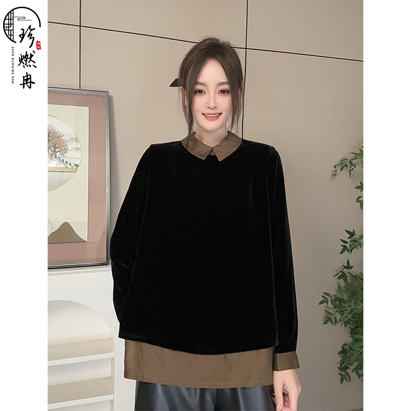 【珍珍新国风】秋冬黑色休闲长袖时尚气质时尚打底上衣S-13628