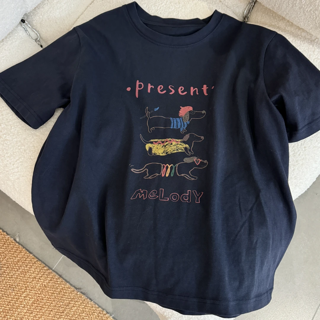 【礼物】腊肠狗狗印花圆领字母卡通涂鸦短袖T恤女上衣