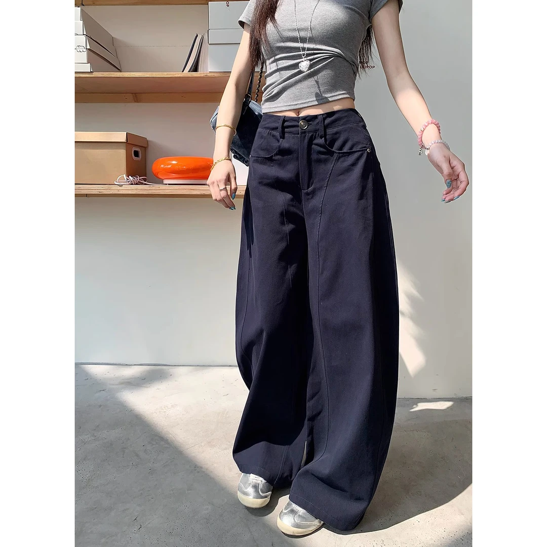 韩系高腰结构弯刀阔腿休闲裤女2025夏季新款宽松百搭甜酷拖地长裤